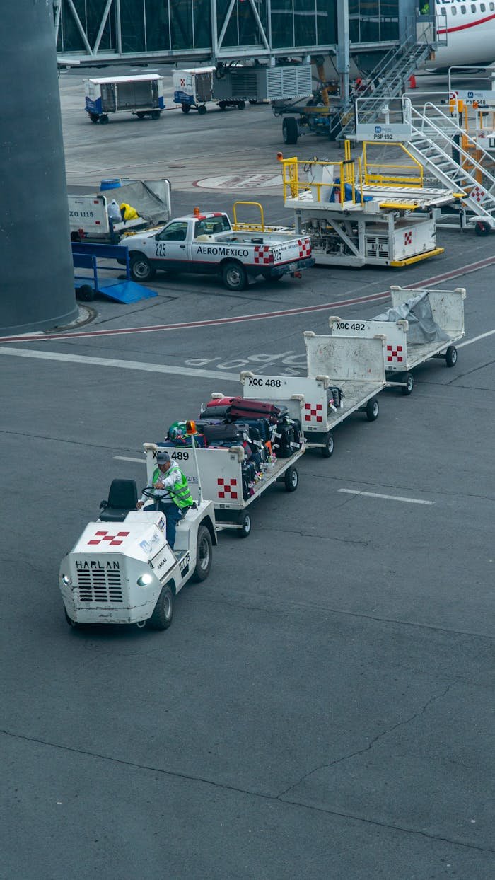 hero-img-02 Ground crew managing luggage on tarmac with baggage carts and vehicle at airport.
